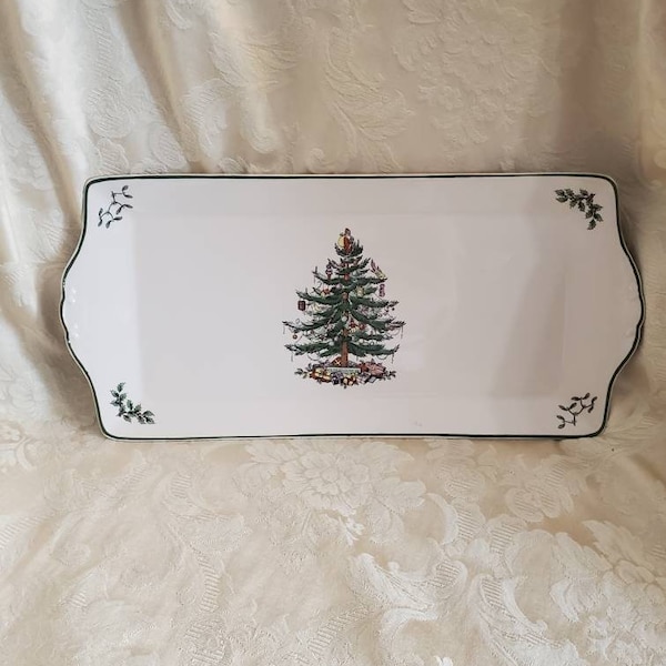 Nouveau stock ancien, jamais utilisé, sapin de Noël Spode, plateau à sandwich, tampon plus récent, garniture verte, cadeaux de Noël, plateau de vacances