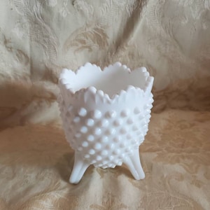 Signed, White Footed,  Hobnail Fenton Egg, Footed Glass Bowl, Candy Dish, Home Decor, Vintage Flower Vase
