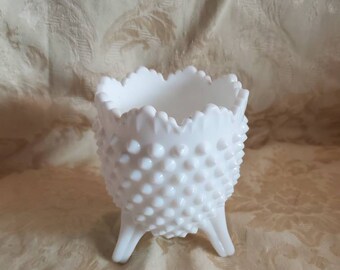 Signed, White Footed,  Hobnail Fenton Egg, Footed Glass Bowl, Candy Dish, Home Decor, Vintage Flower Vase