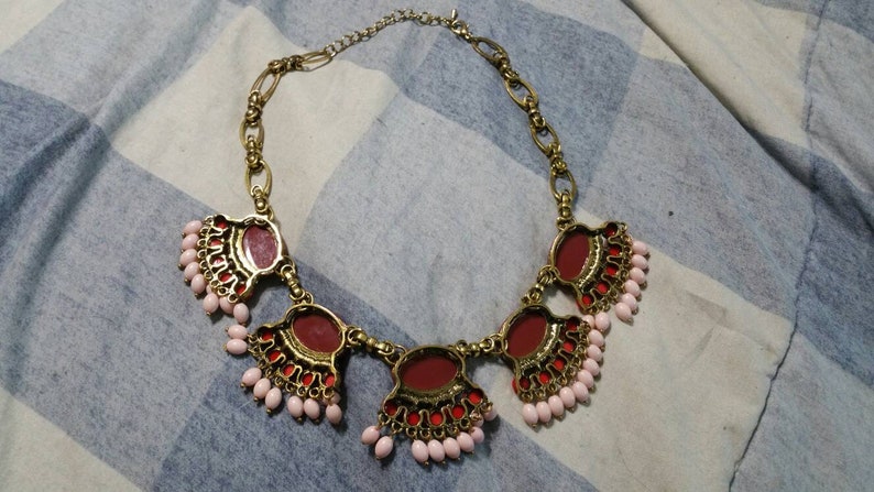 Bright Red and Pink Beaded with Rhinestone Bib 18 inch Necklace Egyptian Style Layered Costume Jewelry On Sale Brass Toned and Maroon