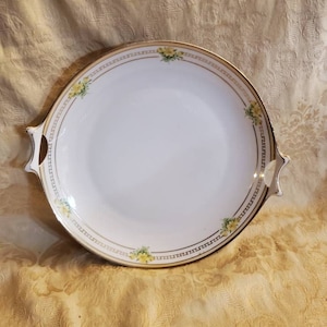 Rare Find, Hutschenreuther, Selb, Bavaria,Germany, 10.75 inch Round Serving Platter with Handles, Gold Bands and Yellow Flower Design