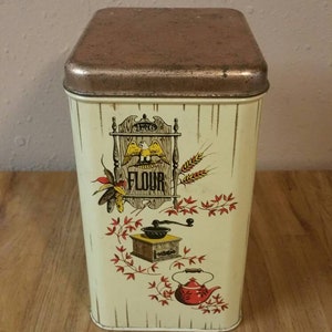 Rustic  Cheinco Rectangular Flour Storage Container Tin with Coffee Grinder, Red Teapot and Eagle Picture Vintage Kitchen
