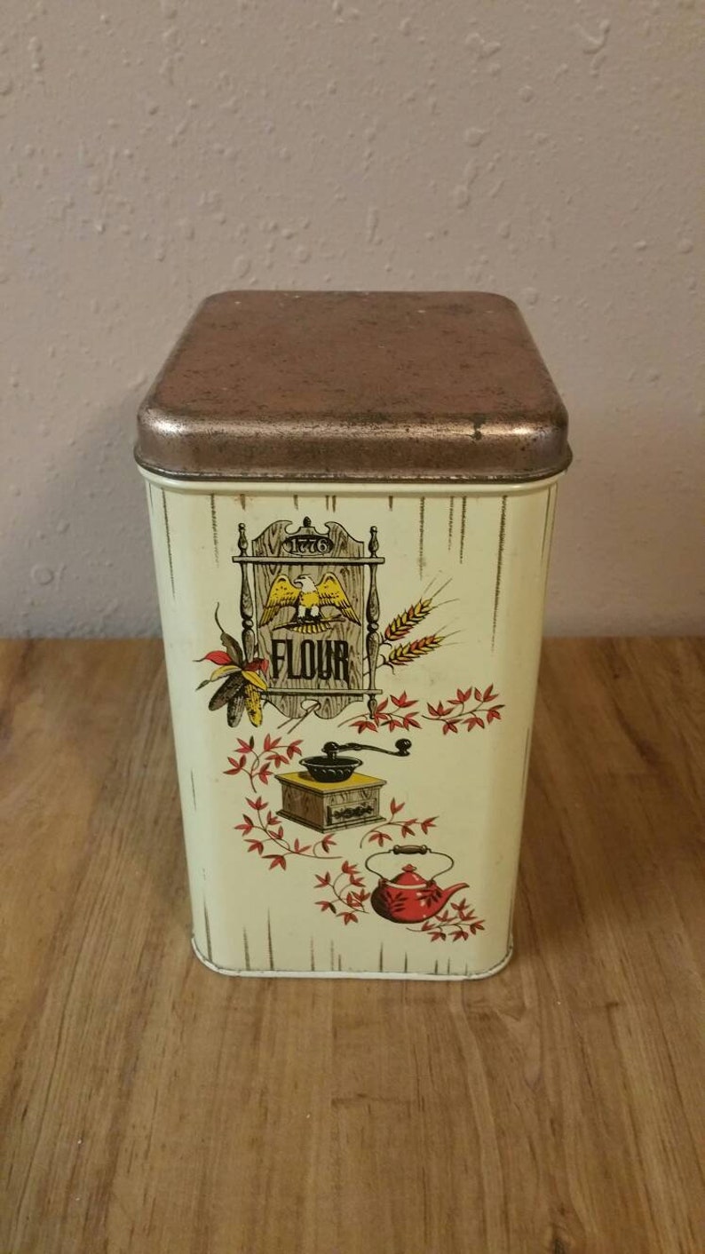 Rustic Cheinco Rectangular Flour Storage Container Tin with Coffee Grinder, Red Teapot and Eagle Picture Vintage Kitchen image 1