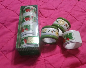 Set 7 Strawberry Napkin Rings, including 5 Hallmark and 2 Painted Wood Serving Odds and Ends
