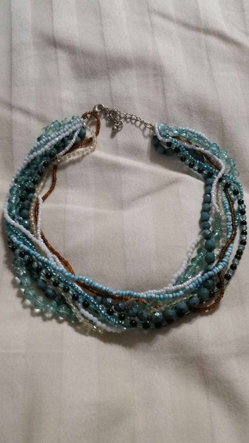 White and Brown Tiny Bead Multi Strand Choker Necklace Costume Jewelry Fashion Accessory On Sale Collectible Bling Turquoise