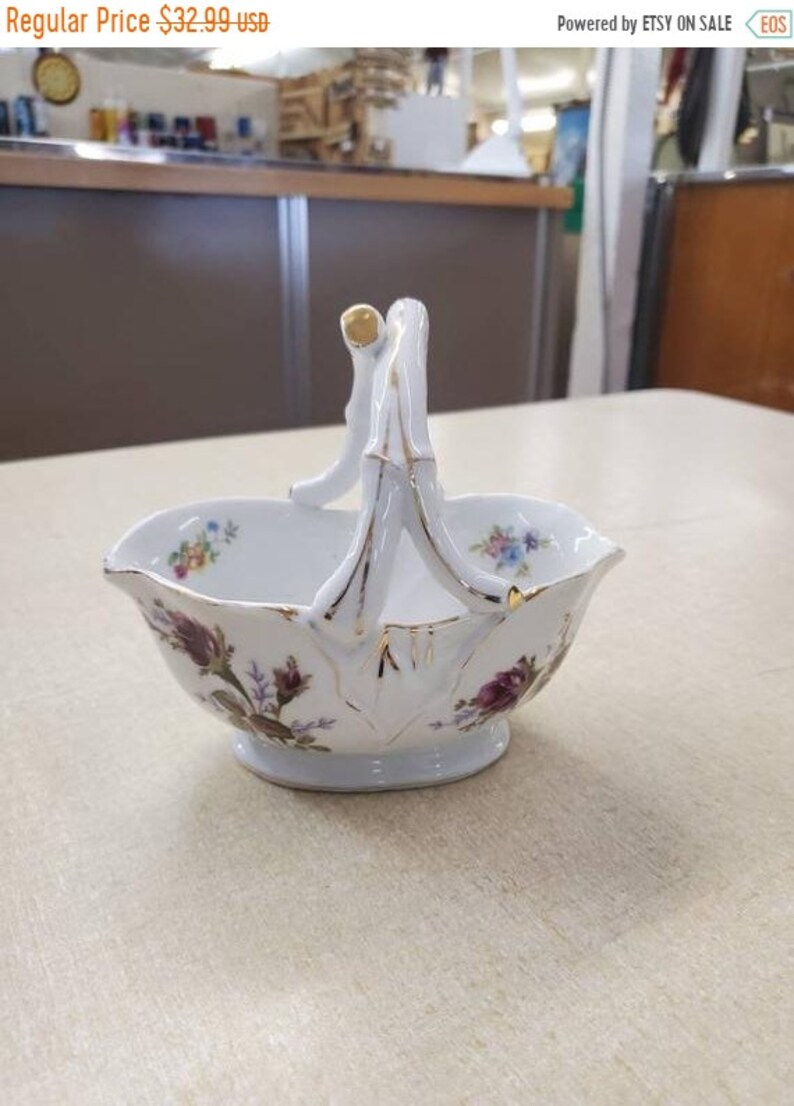 Moss Rose Handled Bowl On Sale Vintage Tilso Oval Dish Floral Basket White with Gold Highlights Ruffled Porcelain