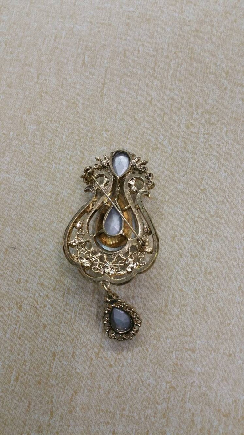 Fashion Accessory Tear Drop Large Pin or Brooch Costume Jewelry On Sale Gold Toned Yellow and Red Rhinestone