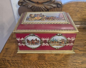 Caja de hojalata o cofre del tesoro rectangular con bisagras de metal y diseño de diligencia, de calidad Klann, fabricada en Alemania Occidental