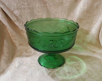 1960s,EO Brody, Emerald Green Glass, Pedestal Dish, M6000  Compote Centerpiece, Candy Dish, Fruit Bowl Raised Tulip Pattern Scalloped Edge