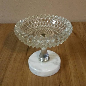 Diamond Point Glass Clear Pedestal Dish with White Marble Base, Vintage Candy Dish, Trinket Bowl