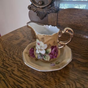 Heritage Brown Hand Painted Lefton China, Creamer with 5 inch Serving Bowl, 14 k Gold Pink Rose, Made in Japan, 2 Piece Set