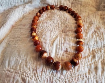 Brown and Gold Marble Design,  26 inch Expanding Size, Chunky Beaded Necklace, Costume Jewelry,  Fashion Accessory, Heavy Boho Style