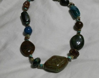 Faux Stone, Blue, Green and Brown Plastic Bead, 16 inch Choker Necklace, Costume Jewelry, Fashion Accessory