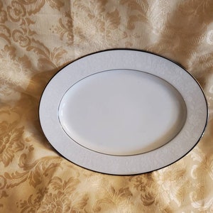 Noritake Ranier , 11 inch Oval Platter,  White On White Floral Decor, Platinum Trim, Large Turkey Serving Tray