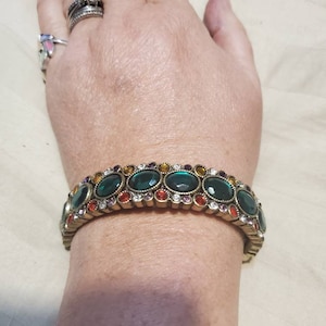 Emerald Green and Rainbow Beads, Rhinestones, Brass Expandable Bracelet, Costume Jewelry, Party Jewelry