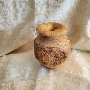 Könnte beinhalten: Eine Holzkvase mit einem einzigartigen, natürlichen Holzmaserungsmuster. Die Vase hat eine breite Öffnung und einen abgerundeten Körper. Sie ist hellbraun mit dunkleren braunen Streifen.