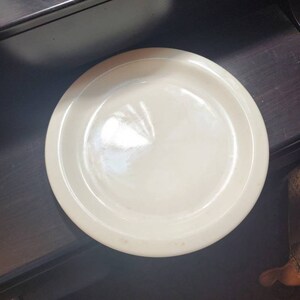 May include: A white ceramic plate with a slightly raised rim. The plate is clean and appears to be unused.