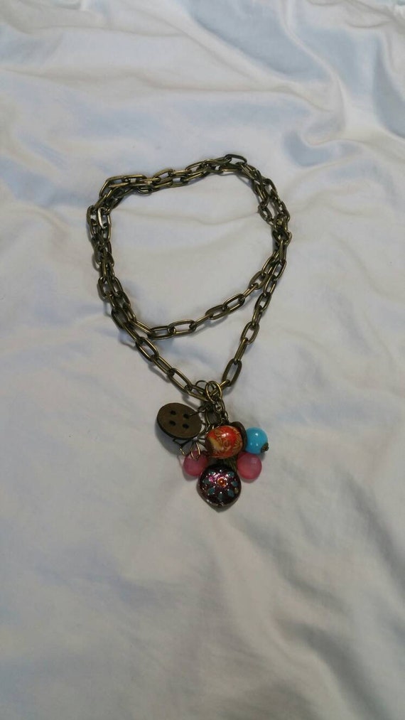 Brass Chain, 38 inch Necklace, with Multi Colored 
