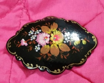 Hand Painted Flowers on Black Lacquer Paper Mache  Russian Costume Jewelry Brooch with Pink and Yellow Flowers