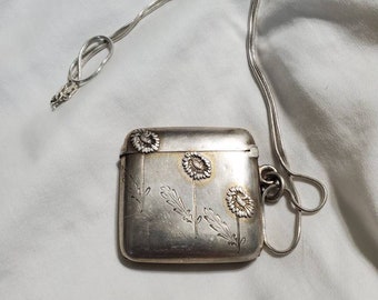 800 Silver Match Box with 925 Silver, 15 inch Serpentine Chain, Vintage Tobacciana, Collectible Storage Box, Pill Box