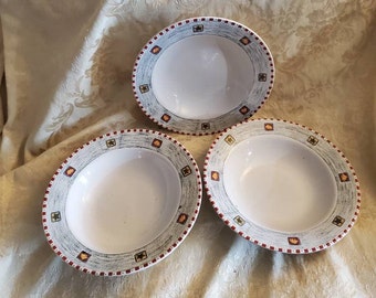 Set of 3, Gibson, Snowman Design, 9.25 inch Large Rimmed Soup Bowls,  Snowman & Tree, Crossed Lines, Red Blocks, Holiday Dishes