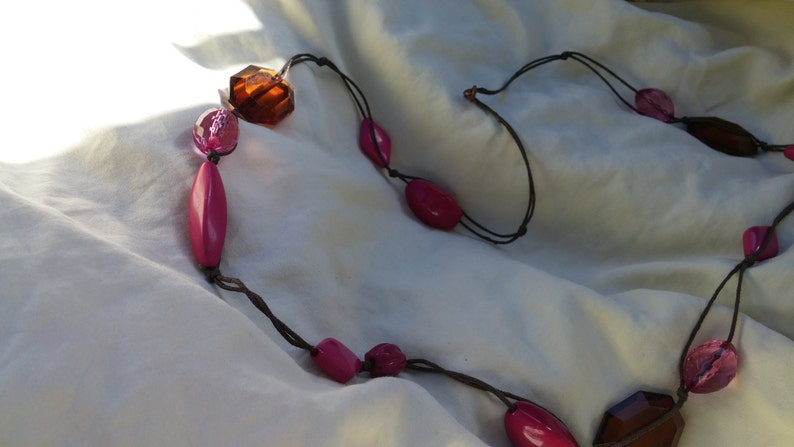 On Sale Decorative Bling Hot Pink and Brown Beaded 36 inch Necklace Costume Jewelry