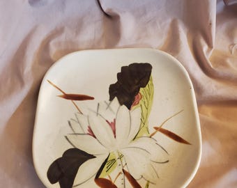 Red Wing Pottery Gray Lotus Hand Painted Concord, Lotus Flower, Brown, Green, White 7.40 inch Square Salad Plate, 1940s Dish, Rare Find