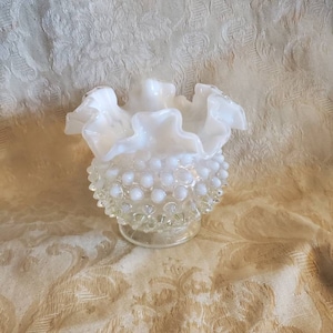 Vintage Fenton, Moonstone, Hobnail, Opalescent, 4 inch Ruffled Vase, Vintage Flower Vase, White Rim and Clear Footed Vase
