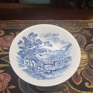 Wedgwood Country Side Blue 6.50 inch Soup or Cereal Bowl with Blue English Scenes Transferware, Smooth, English China, Dam and River Scene