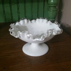 Silver Crested , White Glass Collectible Ruffled Pedestal Fenton Bowl with Crinkled Edge Wedding Decor
