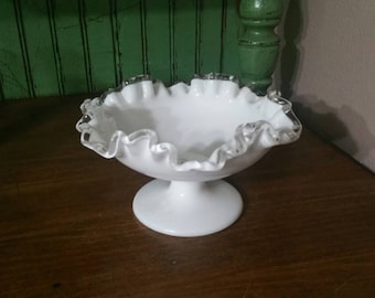 Silver Crested , White Glass Collectible Ruffled Pedestal Fenton Bowl with Crinkled Edge Wedding Decor