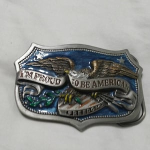 Pure Pewter, I&#39;m Proud to be American, Freedom, Colorized, Eagle and Flag Belt Buckle, 1984 Fashion Accessory