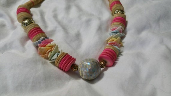 Tan and Pink Bead Bulky Island Style Long 22 Inch Shell Necklace