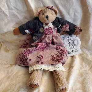 Rare Find, Teddy Tompkins, Samantha 16 inch Bear, Stuffed Collectible by Enesco with Patchwork Dress and Original Tag, 1996