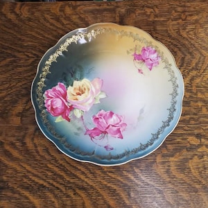J and C Senta, 12.25 inch Hand Painted, Collector Plate with Gold Drapery Edge, Pink and Yellow Rose, Bavaria Porcelain Dish