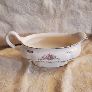 Homer Laughlin, Gravy Boat, Sauce Dish or Syrup Pitcher Flowers and Filigrees, with Pink Flowers, Platinum Rim, Rare Find
