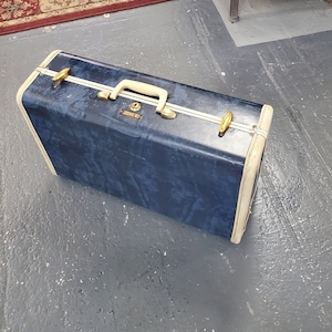 Rustiek middelgroot, marmer marineblauw en wit, Shwayder Brothers Samsonite bagagekoffer met blauw interieur