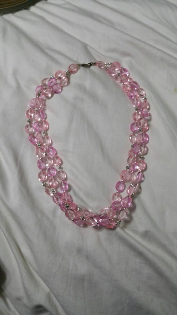 Pink Plastic and Silver Toned Metal Bead, 22 inch 
