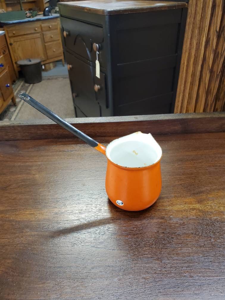 Rustic, Enamel, Bright Orange and White, Long Handled Butter