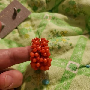 May include: A pair of red beaded hoop earrings. The earrings are made of small, round beads that are clustered together to form a hoop shape.