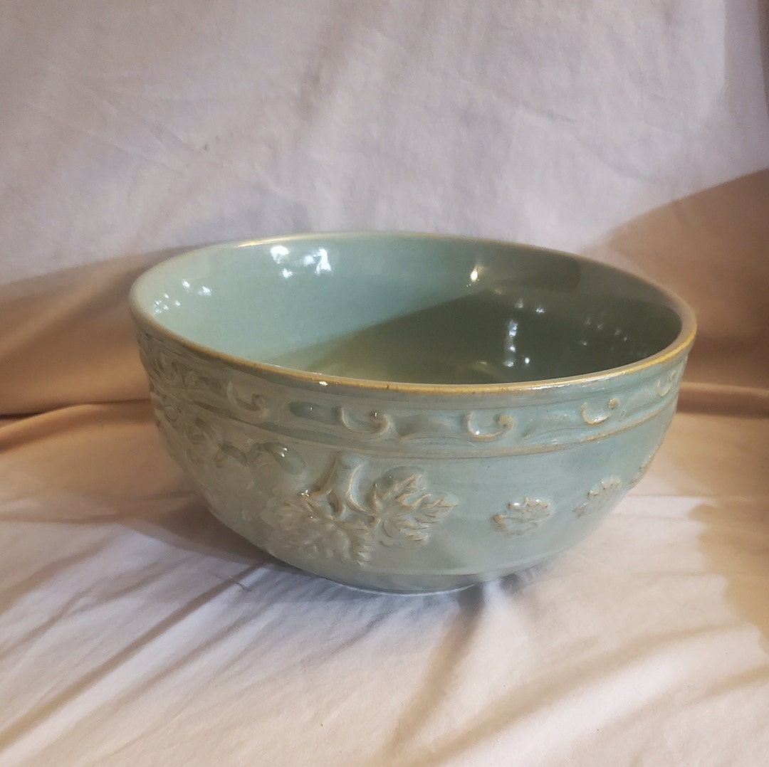 Sage Green and Brown 9.50 Inch Mixing Bowl Collectible Brown Pottery Serving Dish With Embossed