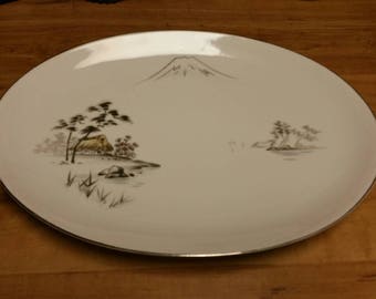 Rare Large Sone China Mt. Fuji Pattern 2215 White and Gray 15 inch Oval Serving Platter  Collectible China Turkey Platter