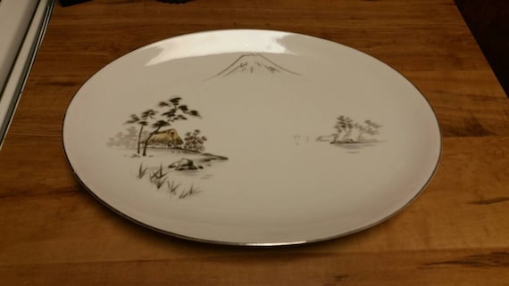 Fuji Pattern 2215 White and Gray 15 inch Oval Serving Platter Collectible China Turkey Platter On Sale Rare Large Sone China Mt