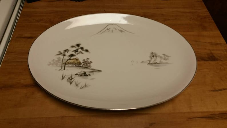 Fuji Pattern 2215 White and Gray 15 inch Oval Serving Platter Collectible China Turkey Platter On Sale Rare Large Sone China Mt