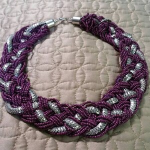 Braided Silver Toned  Purple Beaded 16 inch Woven Necklace Bib Choker Necklace Costume Jewelry Fashion Accessory