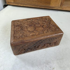 Hand Carved, Wooden Box with Daisy Design, Sheesham Wood Box from India, Rectangular Floral Box