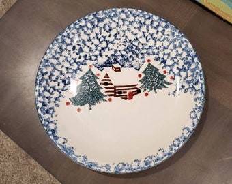 Tienshan Cabin in the Snow,  10.40 inch Dinner Plate, Christmas Tree Serving Dish , Spongeware Dish, Winter or Holiday Serving Plate