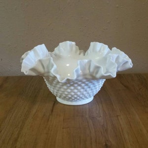 Large  White Fenton, Ruffled Bowl, Hobnail Centerpiece Dish, Vintage Home Decoration