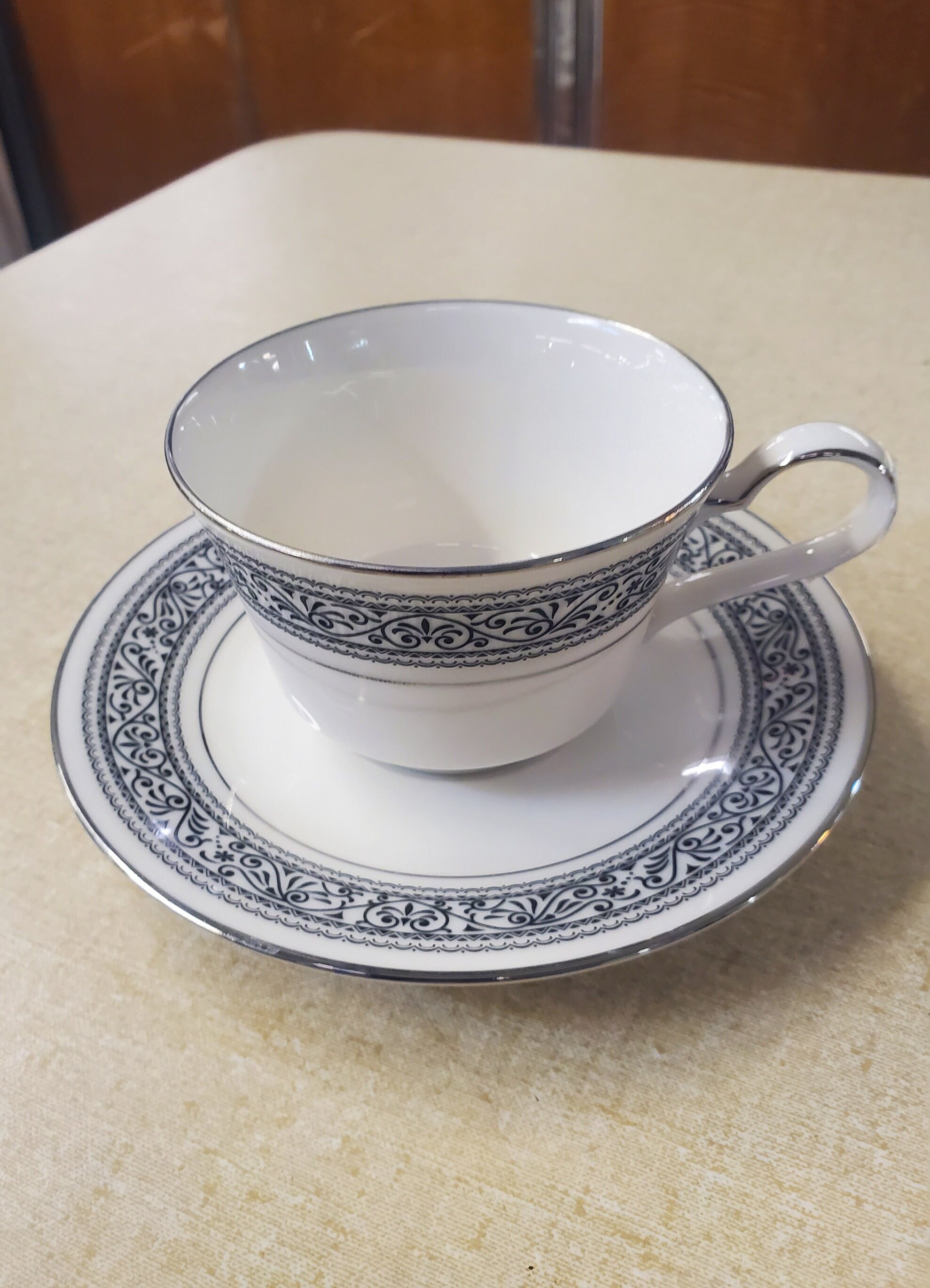 Noritake Ivory China 7570 Prelude Cup and Saucer Set, Black Scroll