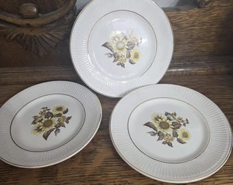 Royal Warwick, Sunflower, Set of 3- 6 inch Bread and Butter Plates, Yellow/Brown Sunflowers, Ribbed Rim, Made in England